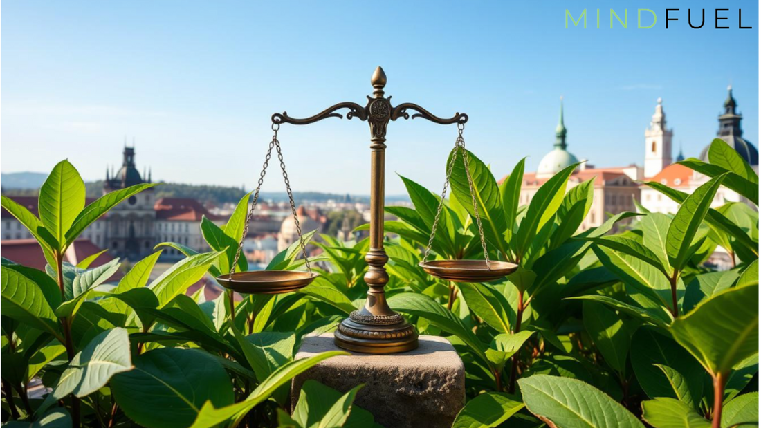 MindFuel - Poklidná krajina znázorňující váhu mezi svěže zelenými listy kratomu, symbolizující regulaci a zákonnost, s kulisou ikonické architektury České republiky pod jasnou modrou oblohou.